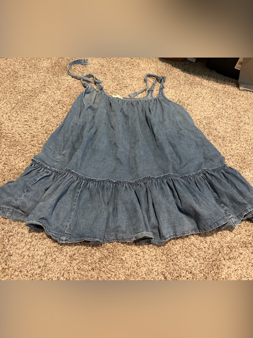 easel Lightweight Chambray Ruffle Hem Tie Strap Tunic Top - Blue